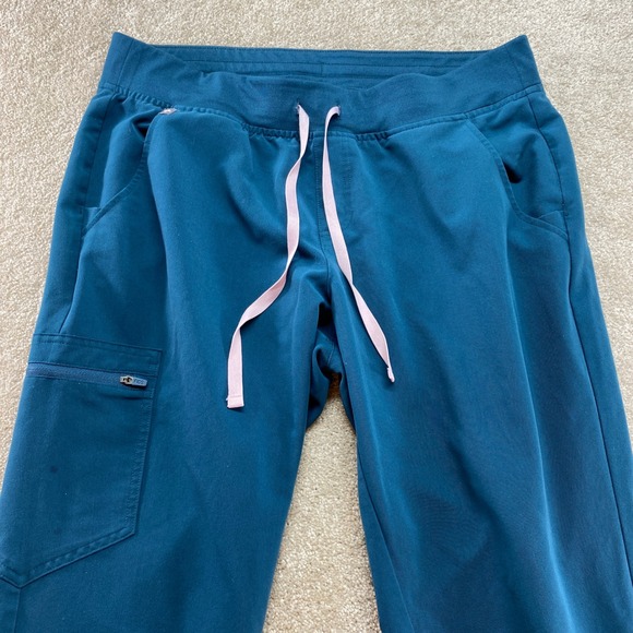 FIGS Zamora Jogger Scrub Pants Womens Large Teal Blue Cargo Pocket Drawstring - Picture 8 of 11